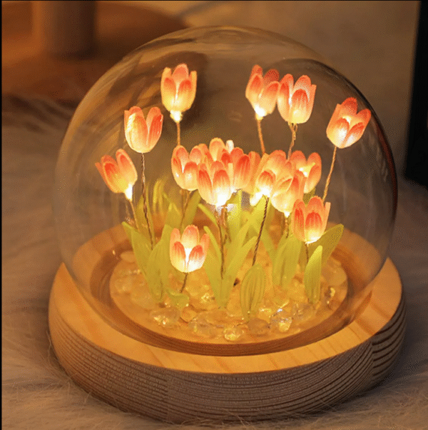 Wooden Base Pretty Tulip Flowers Round Glass Light