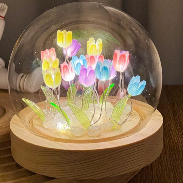 Wooden Base Pretty Tulip Flowers Round Glass Light