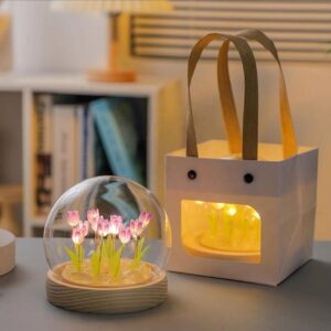 Wooden Base Pretty Tulip Flowers Round Glass Light