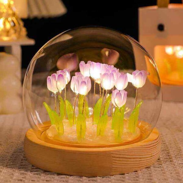 Wooden Base Pretty Tulip Flowers Round Glass Light
